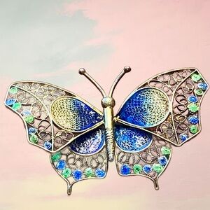 Vintage Blue Green Enamel Butterfly Brooch